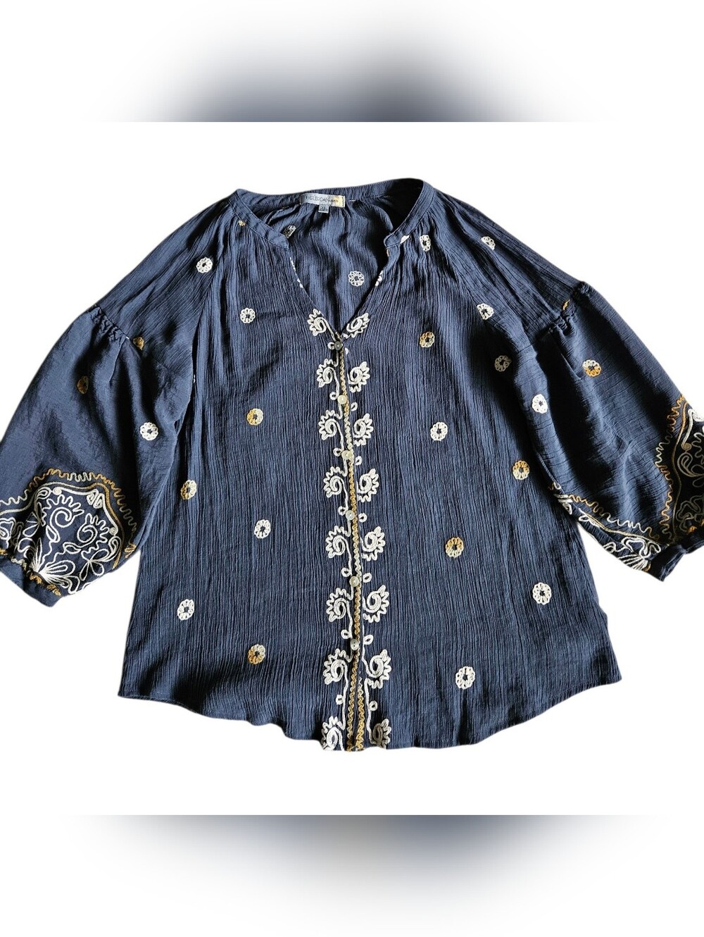 Amazing Figueroa & flower Navy Embroidered Peasant Blouse, XL